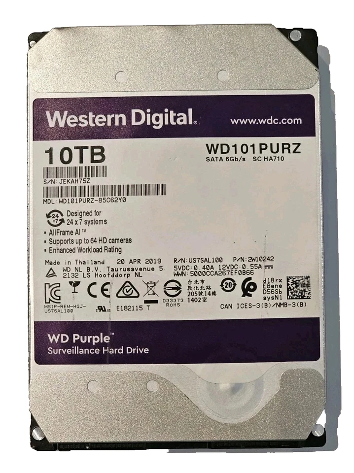 10TB hard drive — Western Digital WD101PURZ SATA 3.5" 6GB/s 5400RPM internal HDD - Image 1 of 1