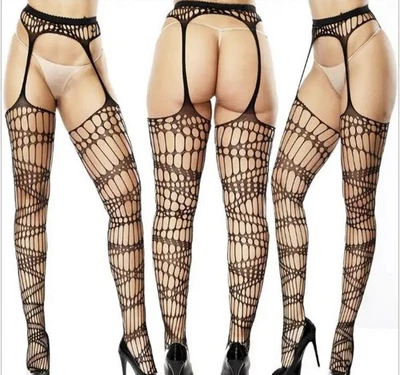 Netz Strumpfhose S-L Schritt offen schwarz mit Strumpfband  Ouvert Straps Pofrei - Bild 1 von 4