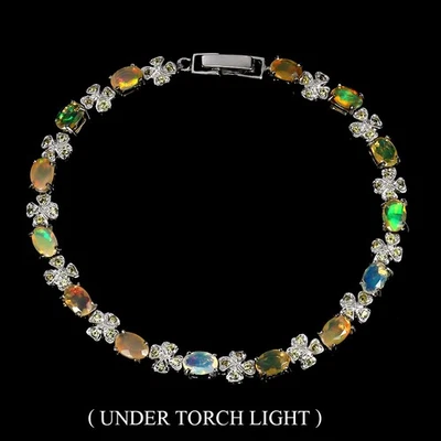 Pulsera de plata de ley 925 ovalada ópalo de fuego zafiro piedras preciosas naturales joyería 7. Foto 1 de 4