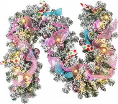 6 Ft Pastels Christmas Garland with Lights for Mantle Pink Candy Xmas Garland Ma - Image 1 of 4