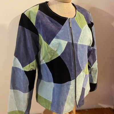 Chaqueta De Colección Años 90 Y2k Gamuza Verde Azul Retazos Cuero Talla XL Artística Retro Teach Foto 1 de 4