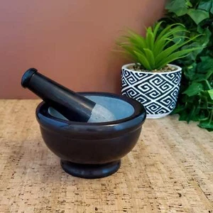 Large Black Marble Mortar and Pestle Set - Handmade Soapstone Kitchen Decor 5" - Picture 1 of 8