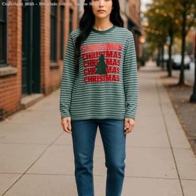 LARGE Christmas Women's Casual Striped Long Sleeve Tops Crew Neck Knit Basic T - Image 1 of 4