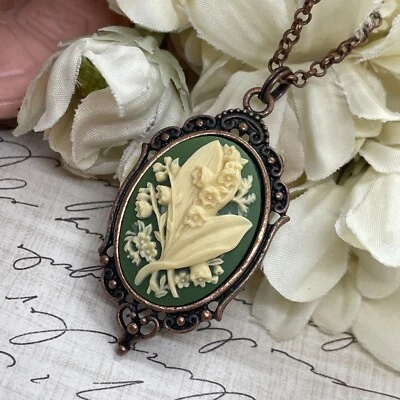 COPPER Green Lily of the Valley Cameo Easter Pendant Necklace Charm Wedding Gift - Image 1 of 4