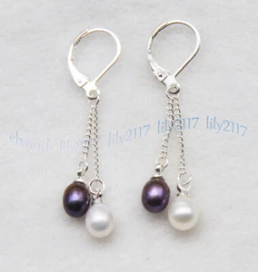 Genuine 6-7MM White Black Freshwater Pearl Link Dangle 18KGP Leverback Earrings - Picture 1 of 6