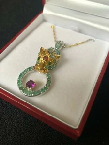 Leopard round cut rich Green Circle Pendant Tri-Color Chain 925 FINE SILVER - Bild 1 von 3