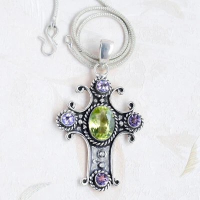 Faceted Peridot & Amethyst Cut Gemstone 925 Sterling Silver Cross Big Pendant - Image 1 of 4