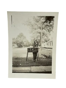 Vintage Photo Snapshot Woman Pretty Lady Sign "STOP DRIVE SLOW" - Picture 1 of 4