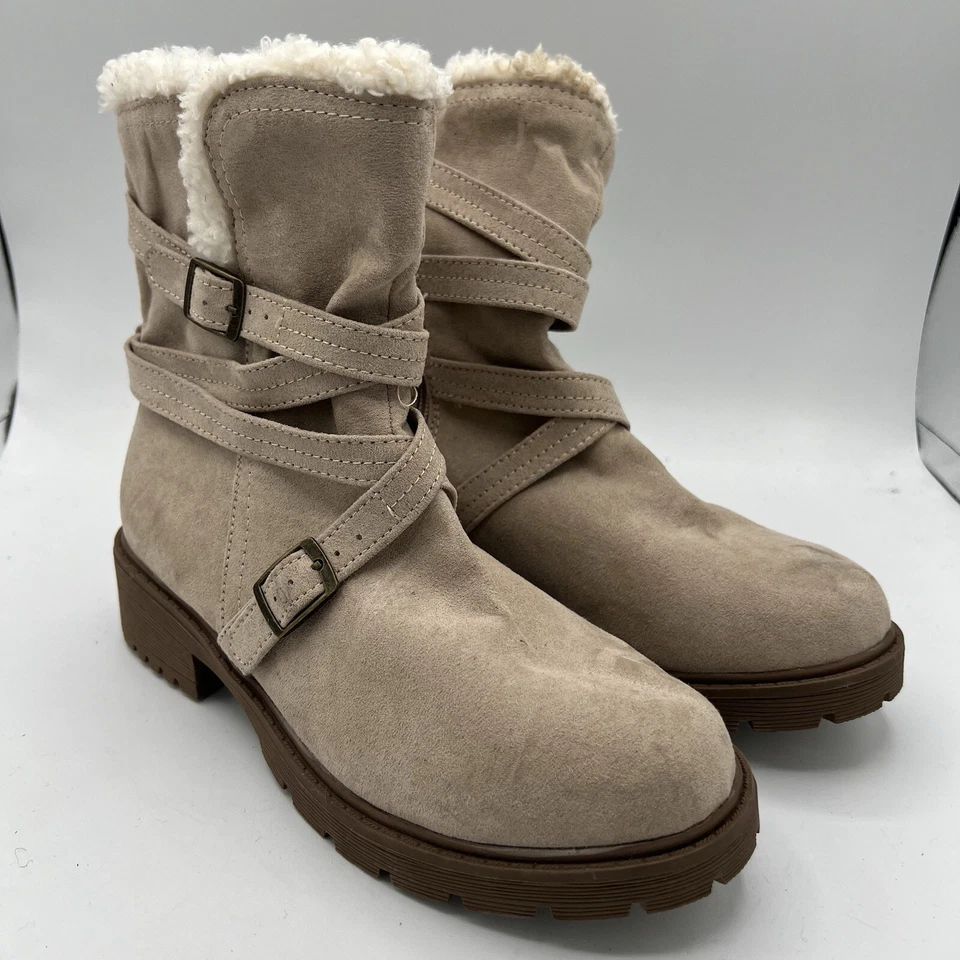 Steve Madden Girls J-Gadot Taupe Ankle Boots Sz 4 Big Kid Faux Fur Biker Straps - Image 1 of 4