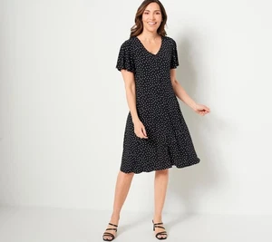 Susan Graver Petite Printed Liquid Knit Button Front Dress Black Dot M New - Picture 1 of 1