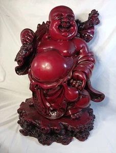 18 Inch The Laughing Buddha Budai Hotei Red Resin Statue Heavy Vintage - Picture 1 of 7