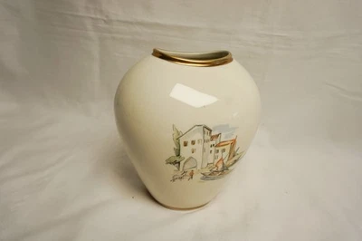 Ovale Vase von Alka" Rialto"weißes Porzellan mit mediterranem Dekor und Goldrand - Bild 1 von 2