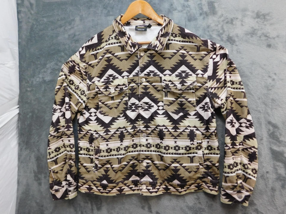 WeSC Trucker Jacket Mens Medium Brown Black Aztec Corduroy Blanket Southwest - Image 1 of 4