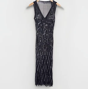 Vestido Cache Vintage Con Cuentas Negro Ilusión Espalda Lentejuelas Noche Para Mujer Talla 4 - Imagen 1 de 10