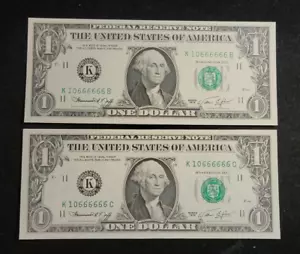 2 FANCY 1974 $1 MATCHING 10666666 Near Solid Serial Number Notes - Picture 1 of 2
