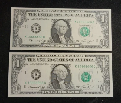 2 FANCY 1974 $1 MATCHING 10666666 Near Solid Serial Number Notes - Image 1 of 2