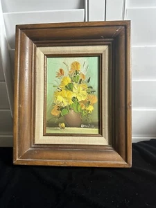 Vtg Framed Floral Yellow , Oil Painting Wood , Art Artist Signed - Picture 1 of 7