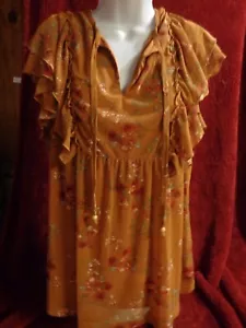 NEW WOMENS WESTPORT LARGE PULLOVER LINED LIGHT BROWN/RUST FLORAL BLOUSE RUFFLES - Picture 1 of 9