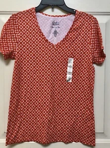 Croft & Barrow The Classic Tee Orange/White Floral V-neck Short Sleeve Cotton - Picture 1 of 7