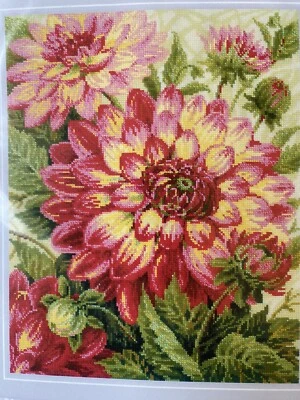 NEW Riolis Counted Cross Stitch Kit 1968 DAHLIAS Wool/ Acrylic - Image 1 of 3
