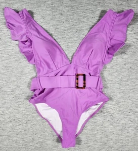 Ruffle Deep V Neck Strappy Swimwear Bathing Suit Belted Womens Size Small Purple - Picture 1 of 6