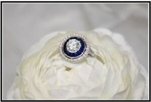 14K White Gold Over 2CT Round Lab-Created Diamond Sapphire Halo Engagement Ring