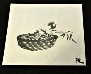 Vintage Japanese Fine Art Water Color Print Black and White Basket With Flower - Picture 1 of 1