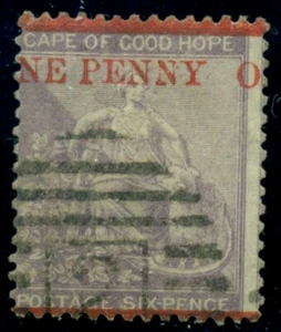 CAPE OF GOOD HOPE #21 1p on 6p, red surcharged, used, Scott $140.00 - Picture 1 of 1