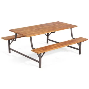 Acacia Wood Patio Picnic Table Bench Set  w/ 71" Tabletop ＆ 2" Umbrella Hole - Picture 1 of 10
