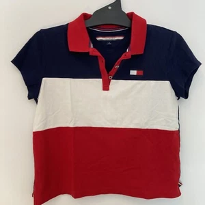 Tommy Hilfiger Polo Shirt Top Size M Womens Blue Tri Logo 3 Way Colour VGC - Picture 1 of 8