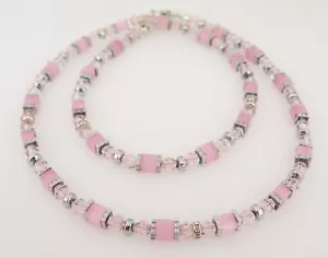 Halskette Collier Cube Würfel Cat Eye Glas Rosa Hämatit silber Strass 555a - Bild 1 von 10