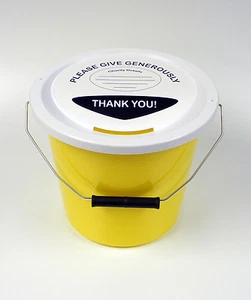 10 Charity Fundraising Money Collection Buckets with Lids, Labels & Ties -Yellow - Picture 1 of 1