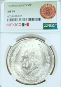 1953 Mo MEXICO SILVER 5 PESOS S5P HIDALGO NGC MS 64 BEAUTIFUL LIGHT TONING - Picture 1 of 4
