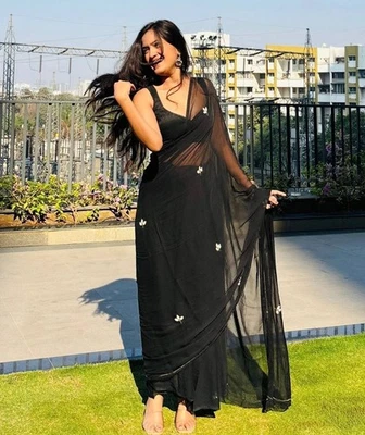 FASTNFREE Soft georgette silk saree indian bollywood party wear designer women black sari