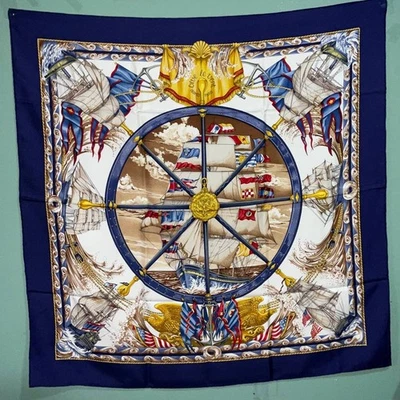 HERMES Silk Vive Le Vent Scarf 90cm Square Blue 100% Silk 34” Vintage - Image 1 of 4