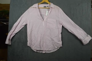 New York & Company Soho Jeans Hemd Damen XL rosa weiß gestreift Knopfleiste hinten - Bild 1 von 10