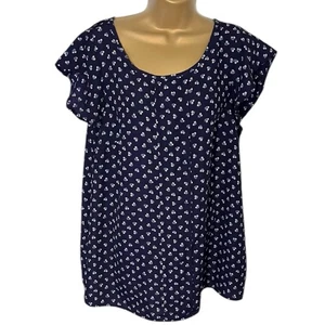 Vintage 80s Porma Blouse Ditsy Floral Print Short Sleeve Navy 1X - Picture 1 of 5