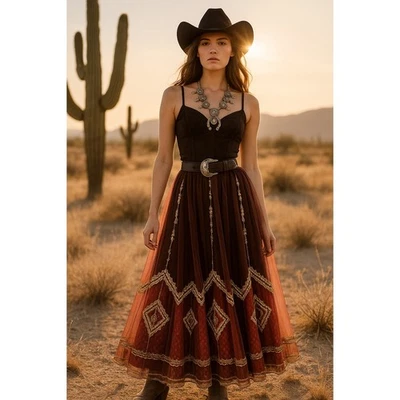 Maxi Falda Zari Vintage Años 70 Bordada a Mano - Organza Rojo Borgoña - India Foto 1 de 4