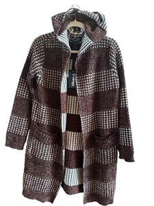 Oliver.o NWT Woman’s Sz XL Chocolate Brown White Checkered Long Hoodie Cardigan - Picture 1 of 10