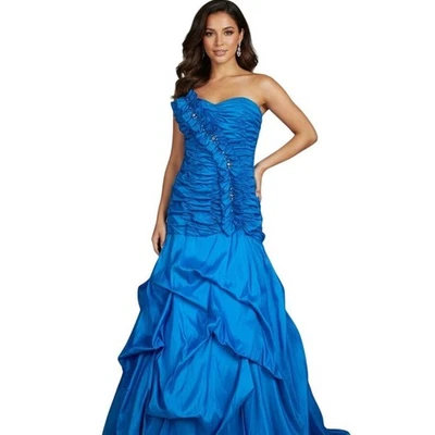 Jodi Kristopher Strapless Blue Gown Dress 5 Pageant Prom Ruched Pick Up Sparkle - Image 1 of 4