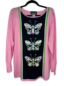 Bob Mackie Wearable Art Pink Lime Palm Beach Butterfly Sweater Large Lightweight - Picture 1 of 5