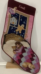 Vintage Weihnachten Strumpf Wolle Nadelspitze Samt LANDS END 20”x 7” ~ EMILI - Bild 1 von 6