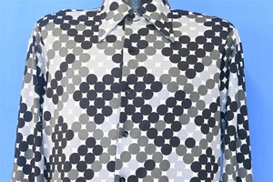 CAMISA DISCOTECA VINTAGE AÑOS 70 NEGRA BLANCA GRIS CÍRCULOS GEOMÉTRICA CUELLO GRANDE MEDIANA M - Imagen 1 de 3