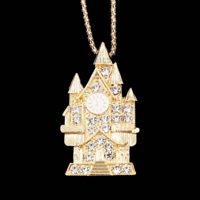 Collar/broche prendedor cadena colgante iglesia sagrada esmalte cristal transparente tono dorado Foto 1 de 4