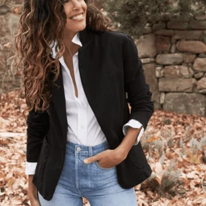 Frank and Eileen Denim DUBLIN Jacket Open Front Blazer Women's L Black Stretch - Picture 1 of 11