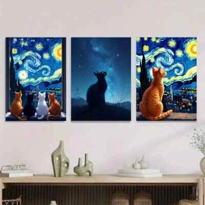 Arte moderno de metal listo para colgar con impresión de gato nocturno estrellado 3 piezas - Imagen 1 de 8