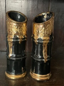 RARE VINTAGE Pair Mid-Century Ceramic DRIP GOLD Black Holders MCM VASES Retro - Picture 1 of 9