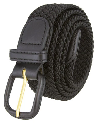 Black Stretch Belt Leather Covered Buckle Woven Elastic Stretch Belt 1-1/4" Wide - Image 1 of 3