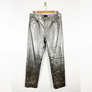 Massimo Dutti Metallic Leather Pants High Waist Straight Leg Silver Size L NWT - Picture 1 of 14