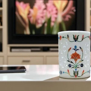 Soporte para bolígrafo de mármol hecho a mano de 4" con incrustaciones de mosaico floral organizador de escritorio de arte mejor regalo - Imagen 1 de 8